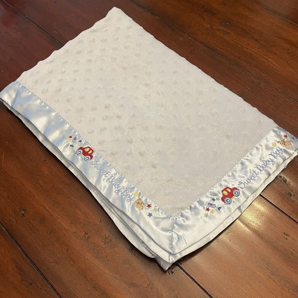 Sweet Baby Boy Blanket Satin Trim Back Embroidered Dog Car Truck Blue Security